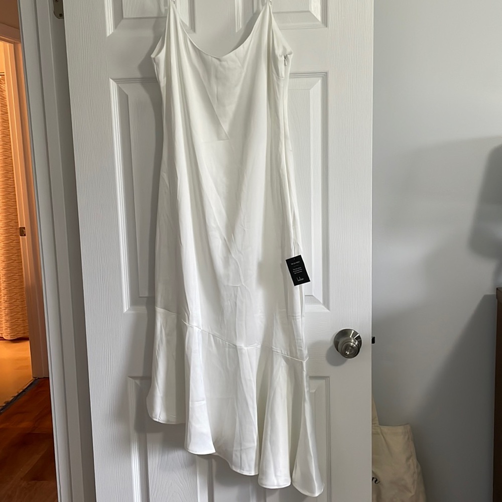 Strictly Romance White Satin Asymmetrical Tiered Midi Dress